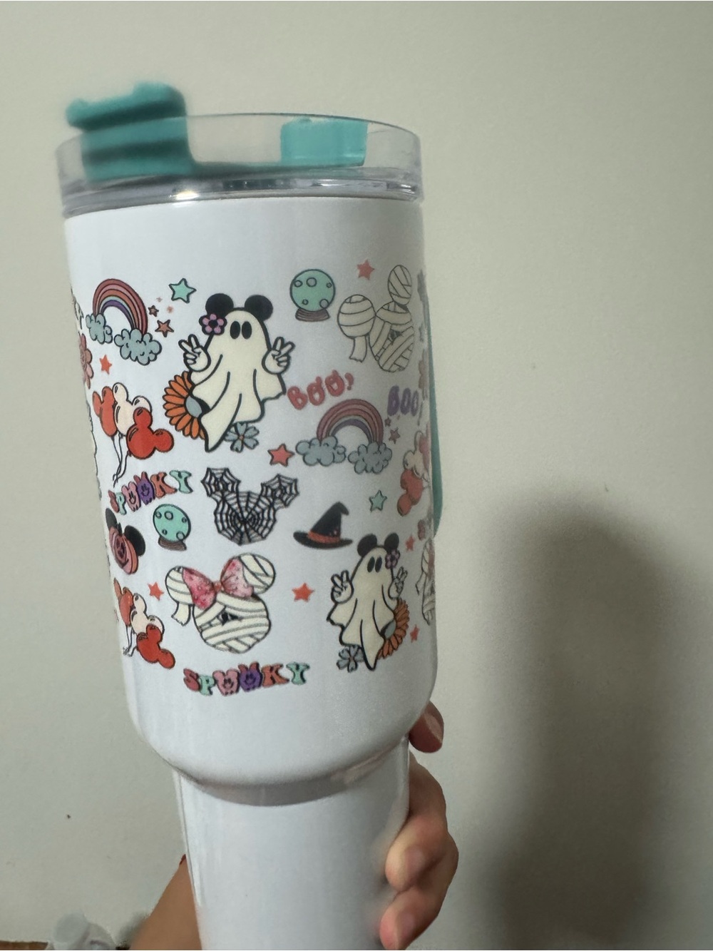 White Halloween Ghost Travel Tumbler with Teal Lid